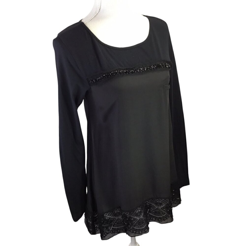 Johnny Was 4 Love and Liberty Top Blouse Size Small Black Beaded Long Sleeve